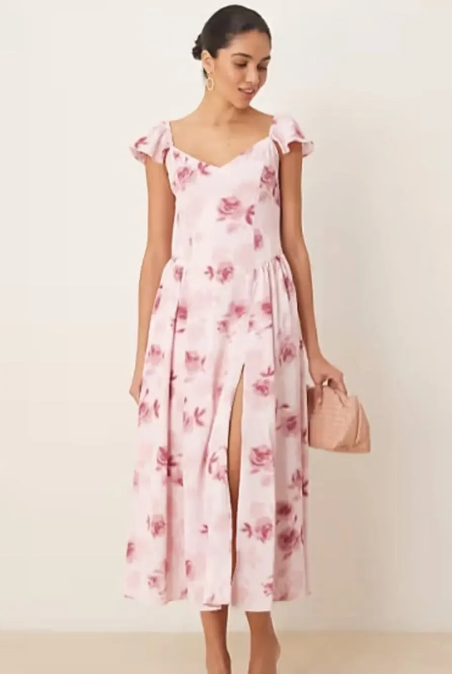 Abercrombie & Fitch Pink Floral Flutter Sleeve Dipped Waist Maxi Dress Size MP